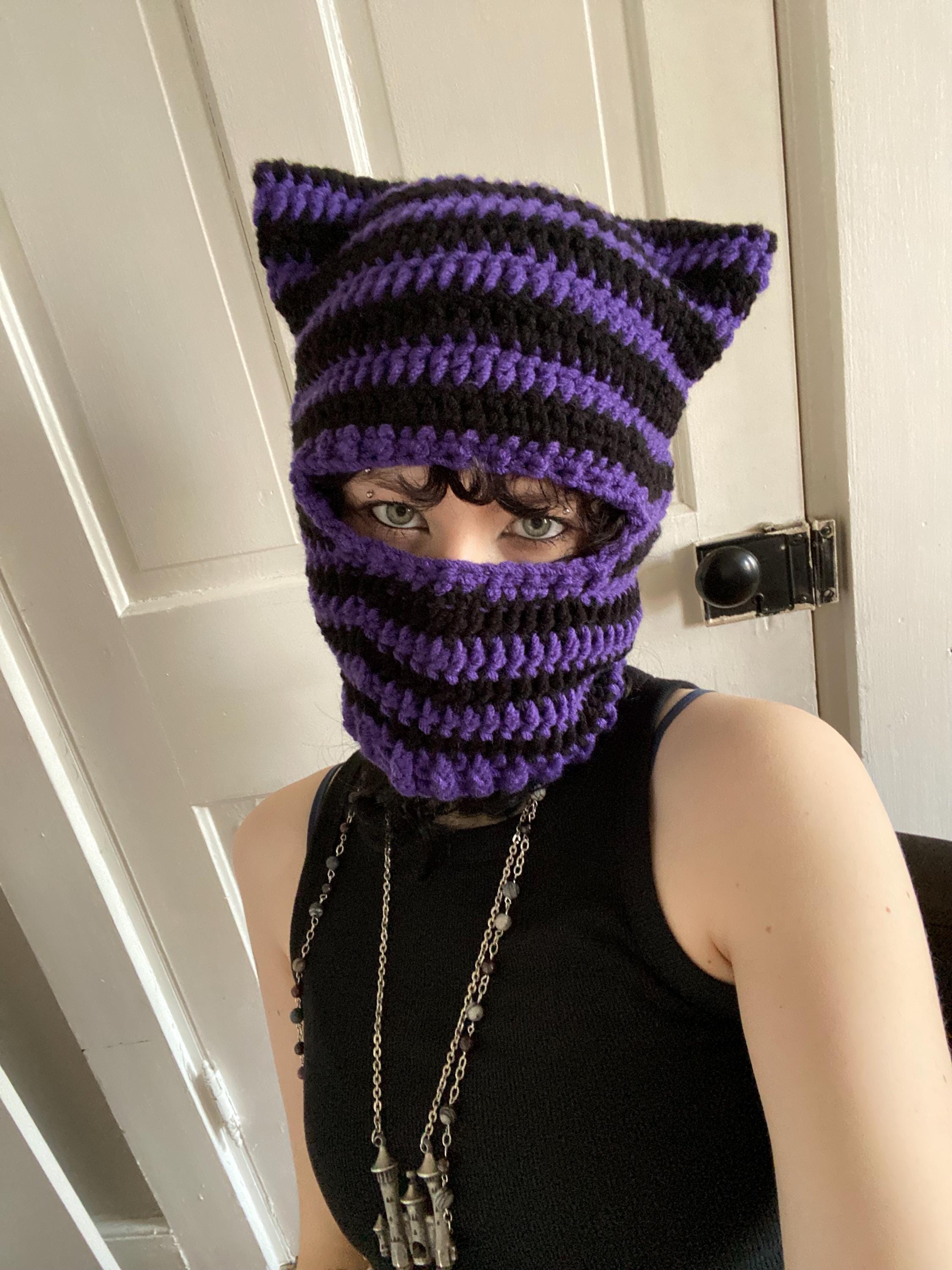 Black and Purple Cat Ear Full Face Balaclava With Ribbed Edging - Etsy