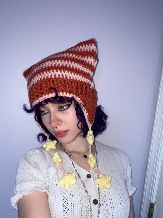 Triple Star Strings Cat Hat Handmade Crocheted Striped Earflaps