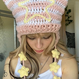 PATTERN triple star strings crocheted cat ear hat striped knitted beanie with embroidered star