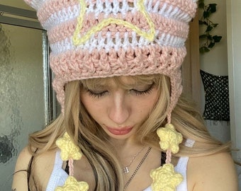 PATTERN triple star strings crocheted cat ear hat striped knitted beanie with embroidered star