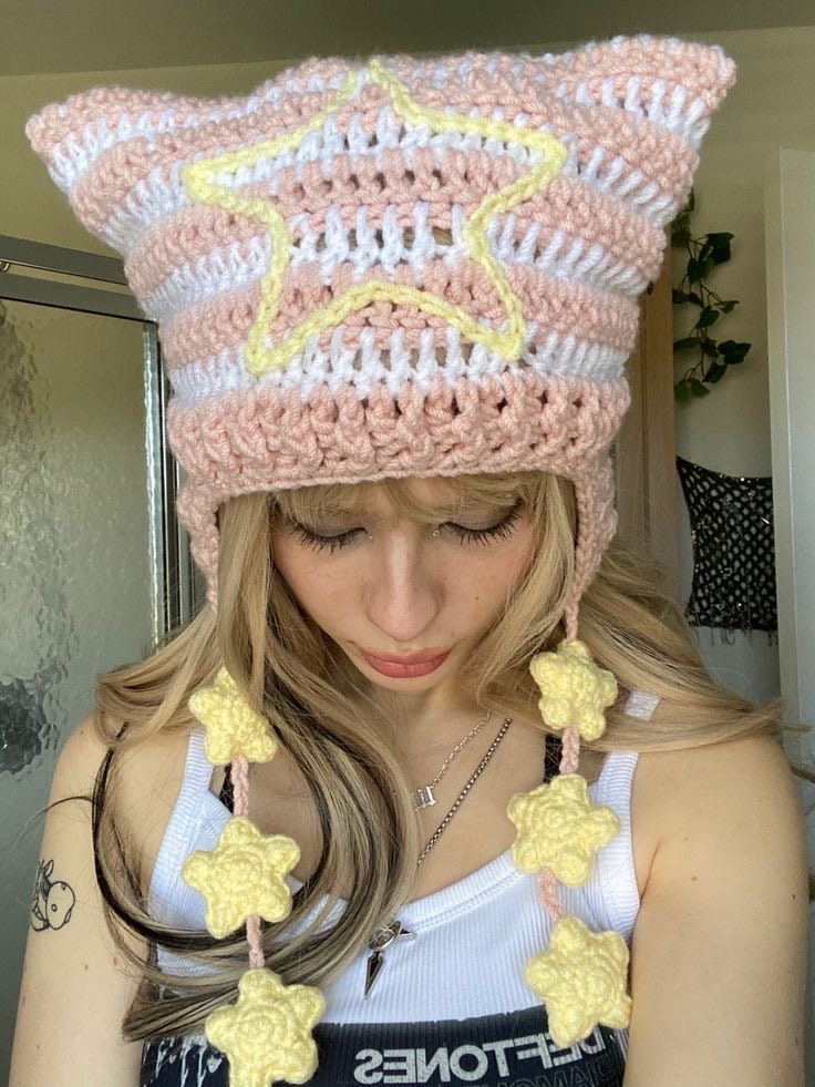 PATTERN Triple Star Strings Crocheted Cat Ear Hat Striped Knitted