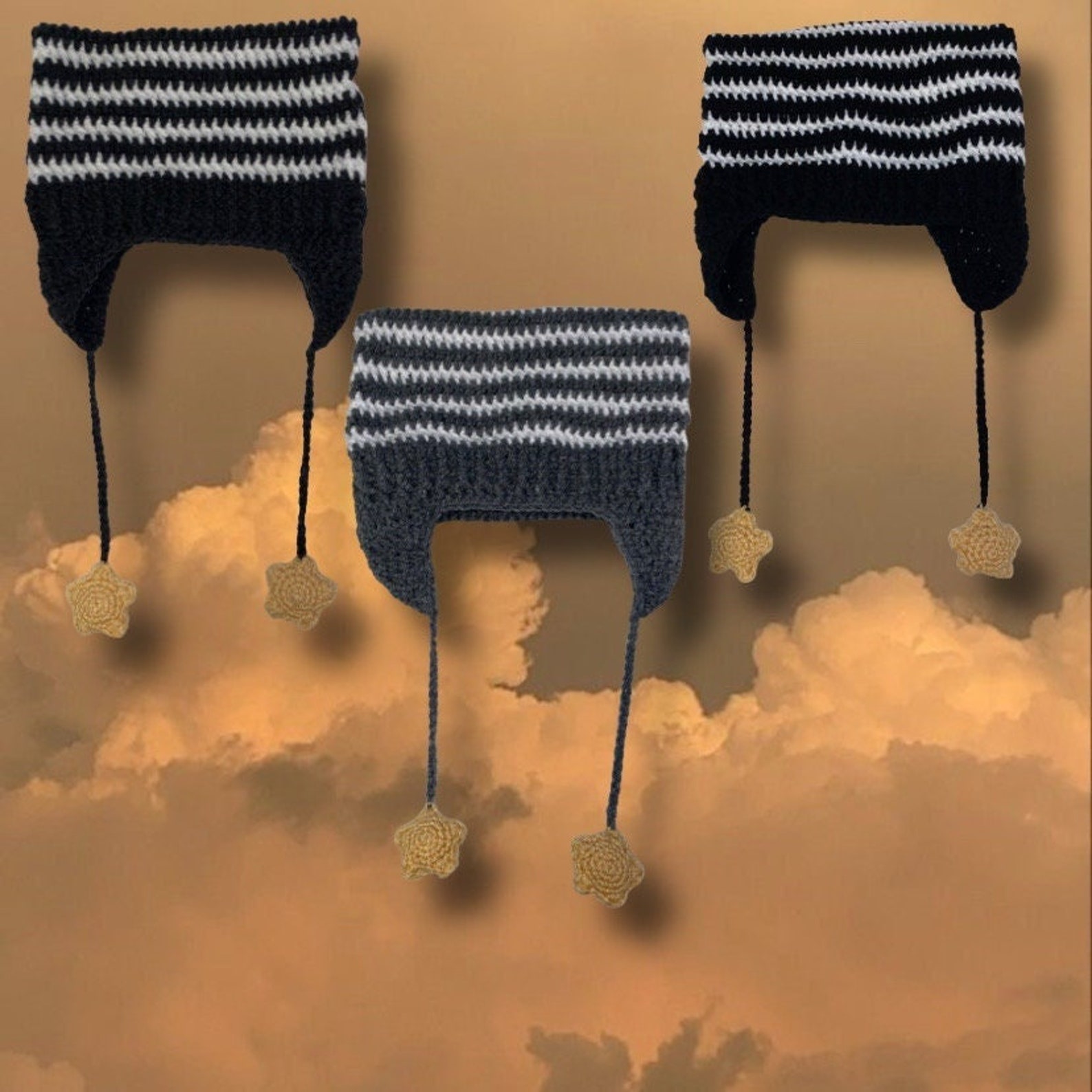 Cat Ear Flap Hat With Stars Crochet Handmade Knitted Beanie Etsy