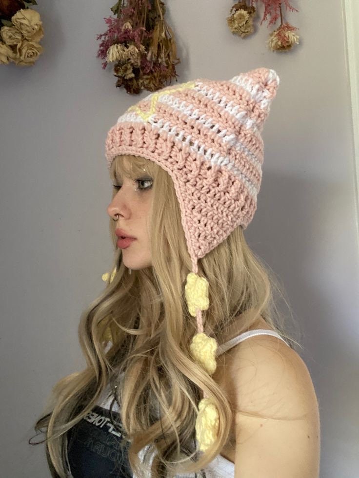 PATTERN Triple Star Strings Crocheted Cat Ear Hat Striped