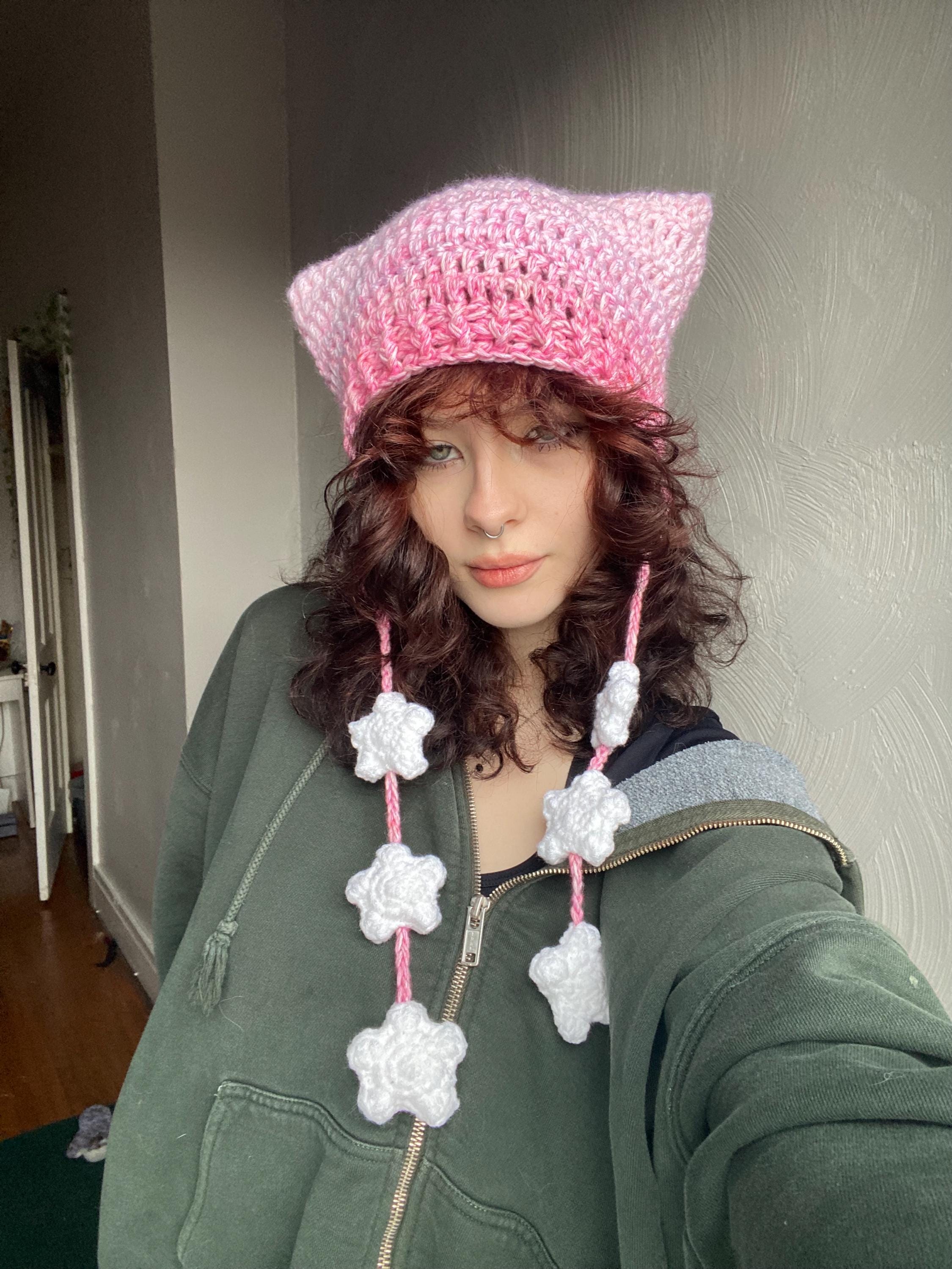 Triple Star Strings Cat Hat Handmade Crocheted Striped Earflaps
