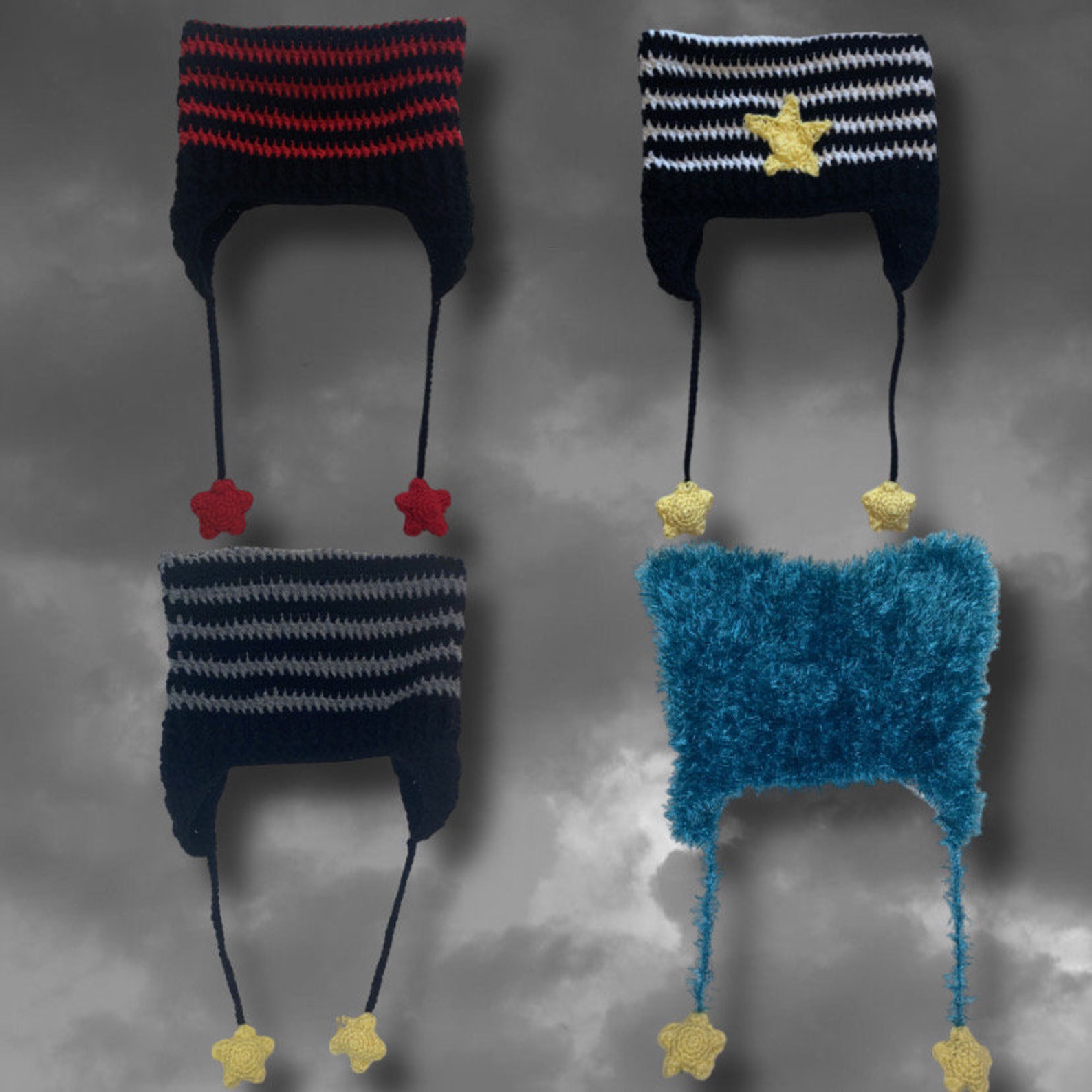 Cat Ear Flap Hat With Stars Crochet Handmade Knitted Beanie Etsy