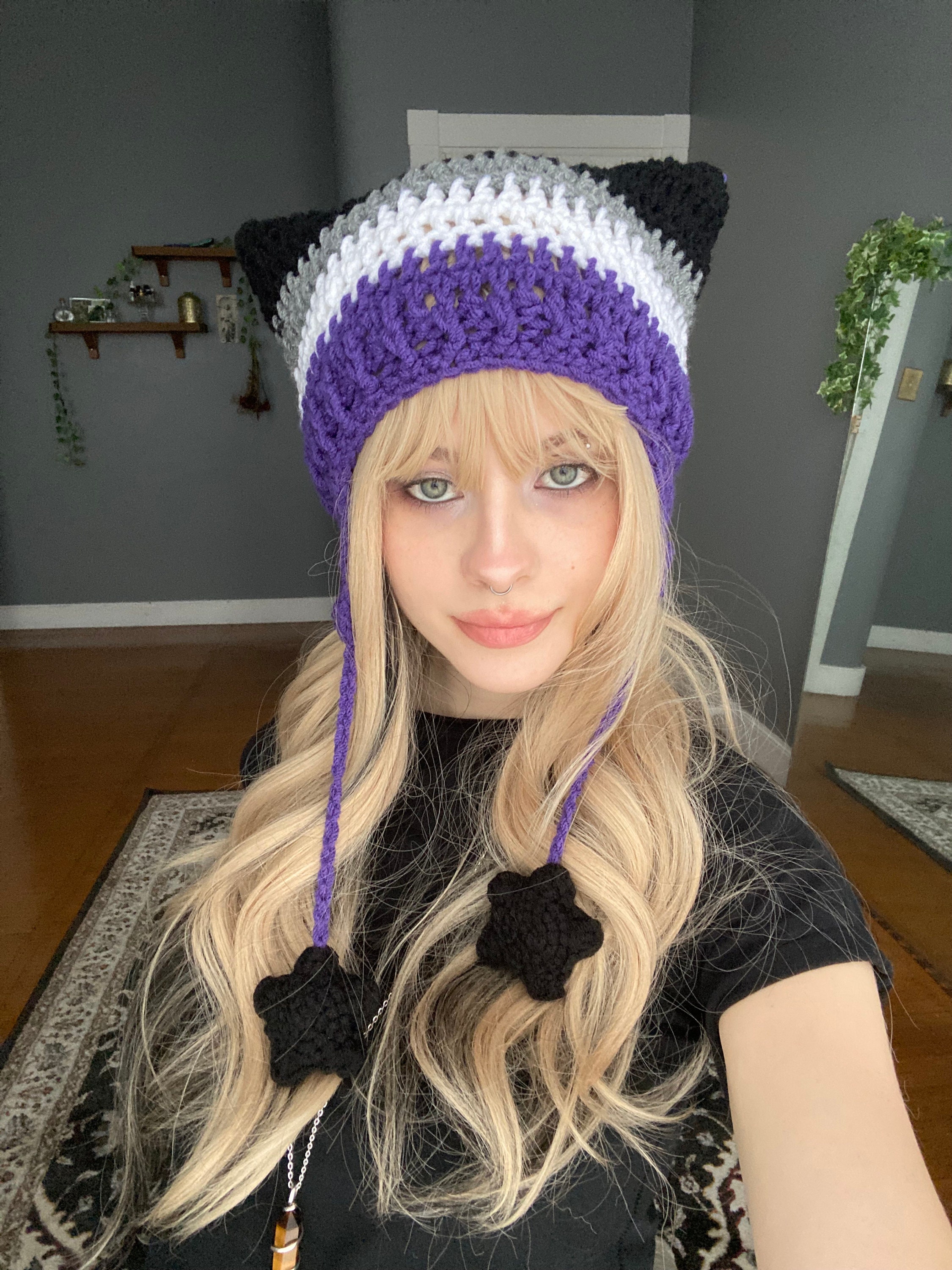 LGBTQ+ Flag Inspired Cat Ear Flap Hat With Stars Crochet Handmade