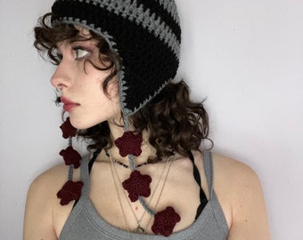 Earflap Hat With String of Stars Pompoms Handmade Crochet