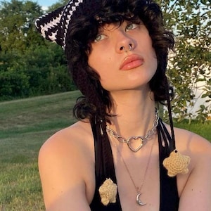 cat earflap hat with star pompoms crochet handmade knitted beanie striped