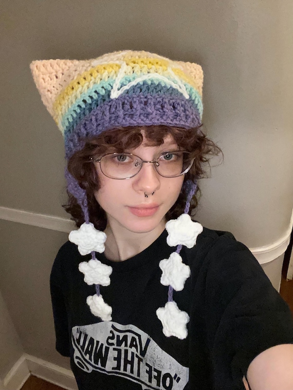 Pride Collection Cat Ear Flap Hat With Stars Crochet Handmade