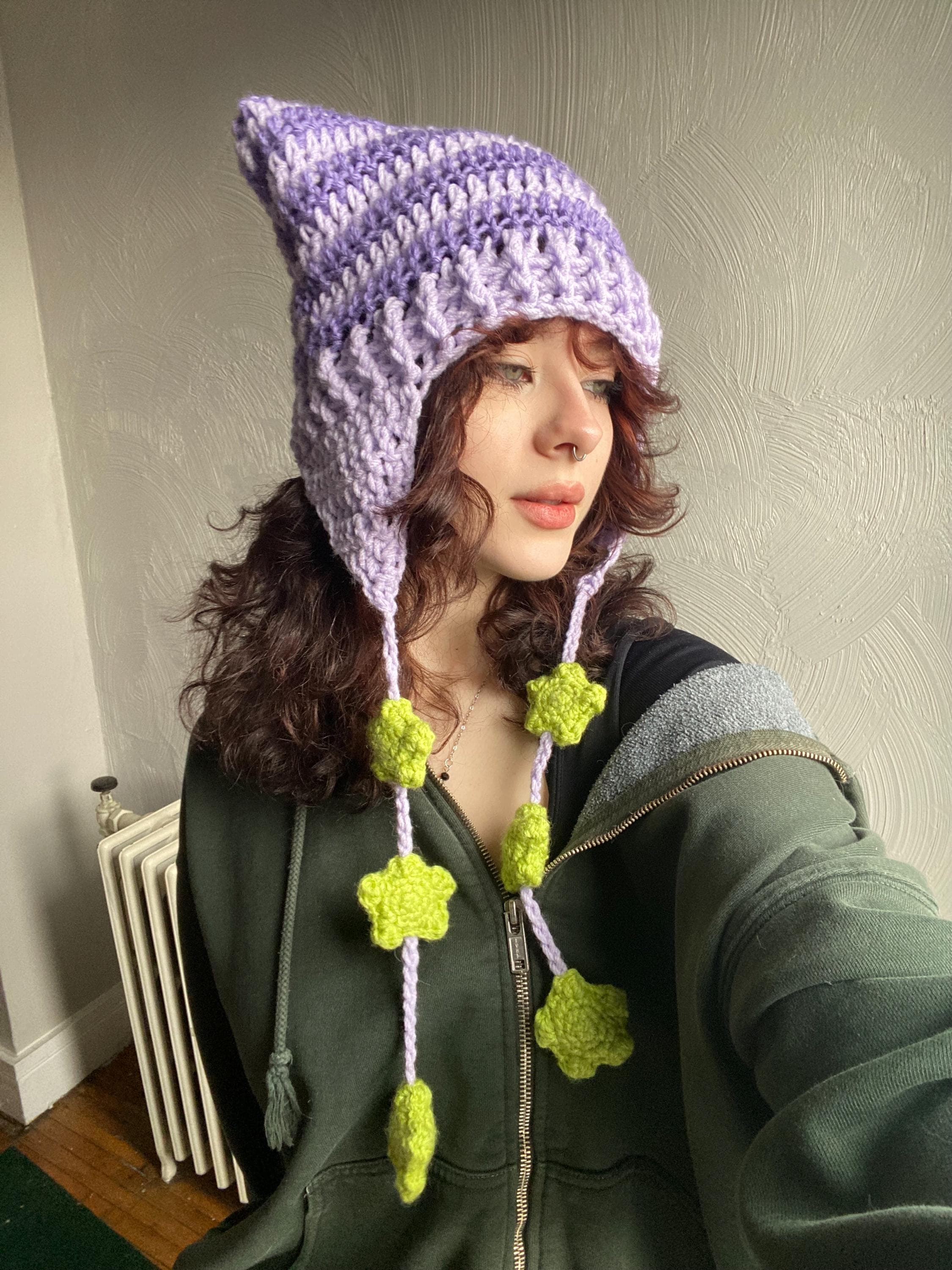 Triple Star Strings Cat Hat Handmade Crocheted Striped Earflaps