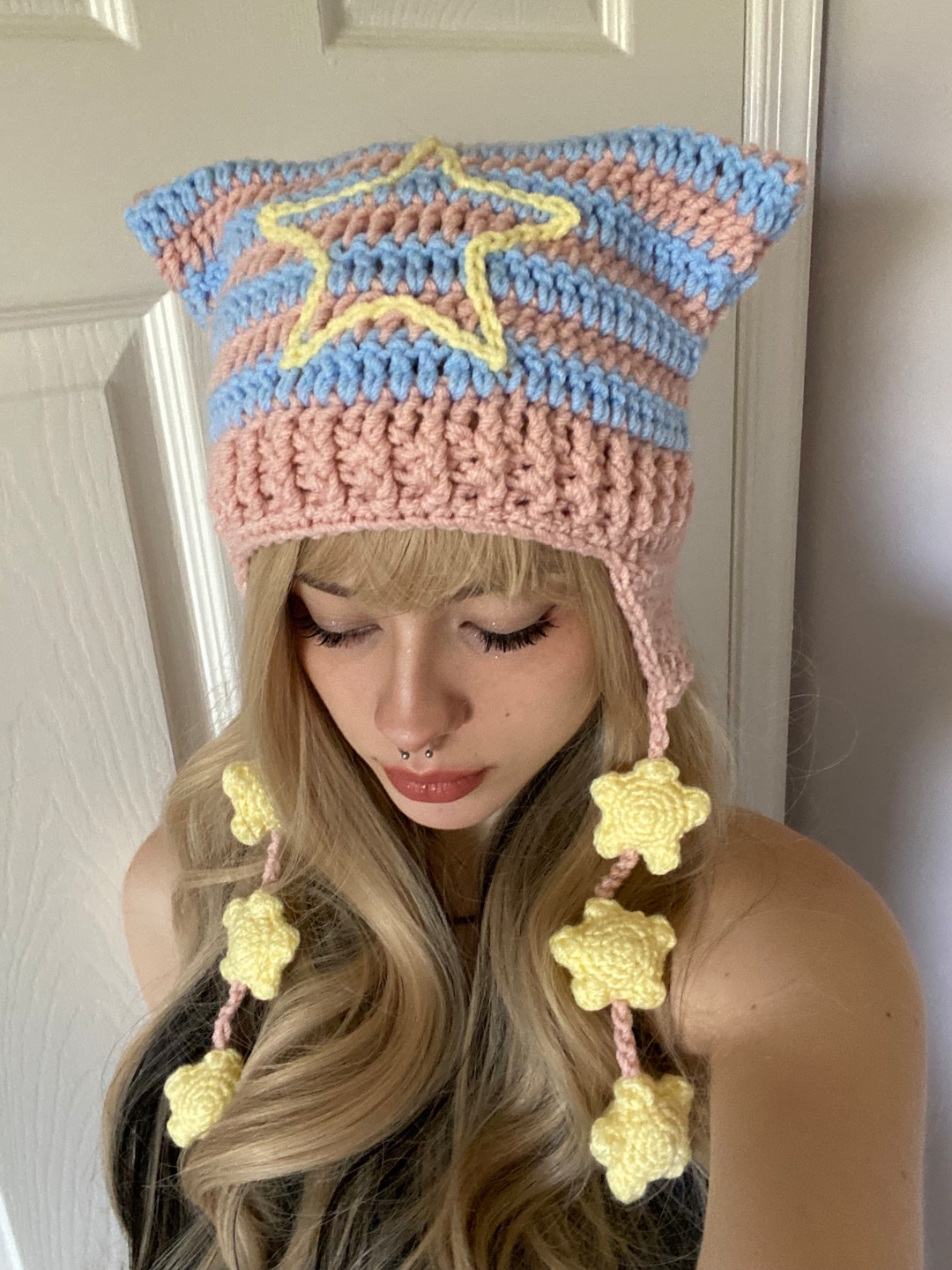 Pride Collection Cat Ear Flap Hat With Stars Crochet Handmade