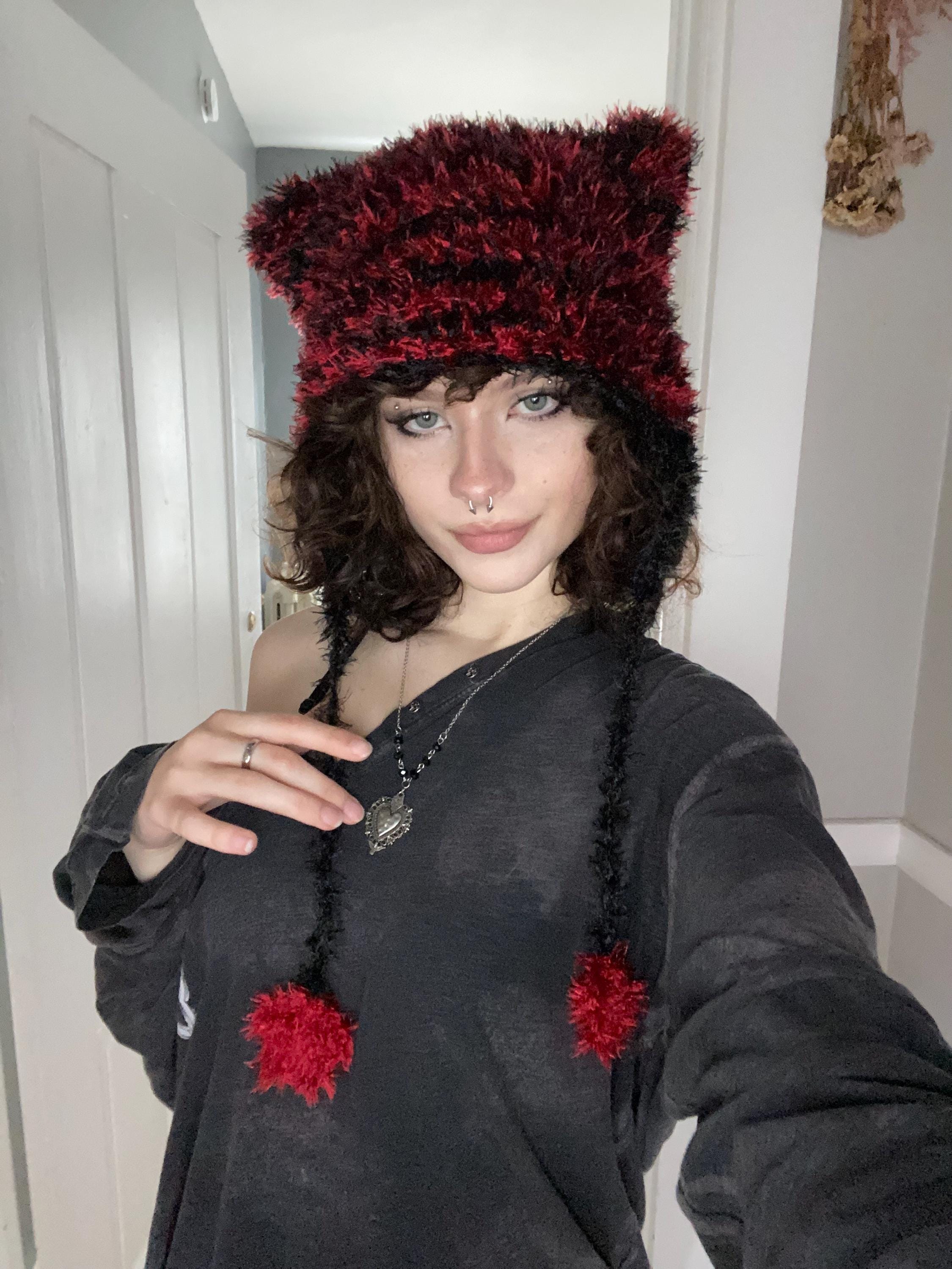 Fluffy Cat Ear Hat Handmade Crocheted Fuzzy Beanie With Earflaps and ...