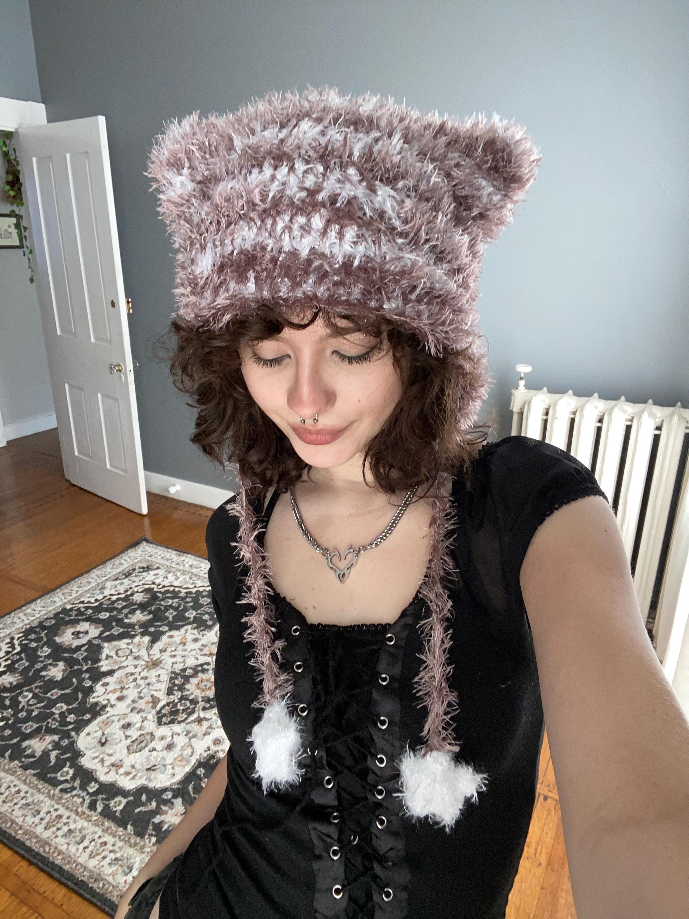 Fluffy Cat Ear Hat Handmade Crocheted Fuzzy Beanie With Earflaps