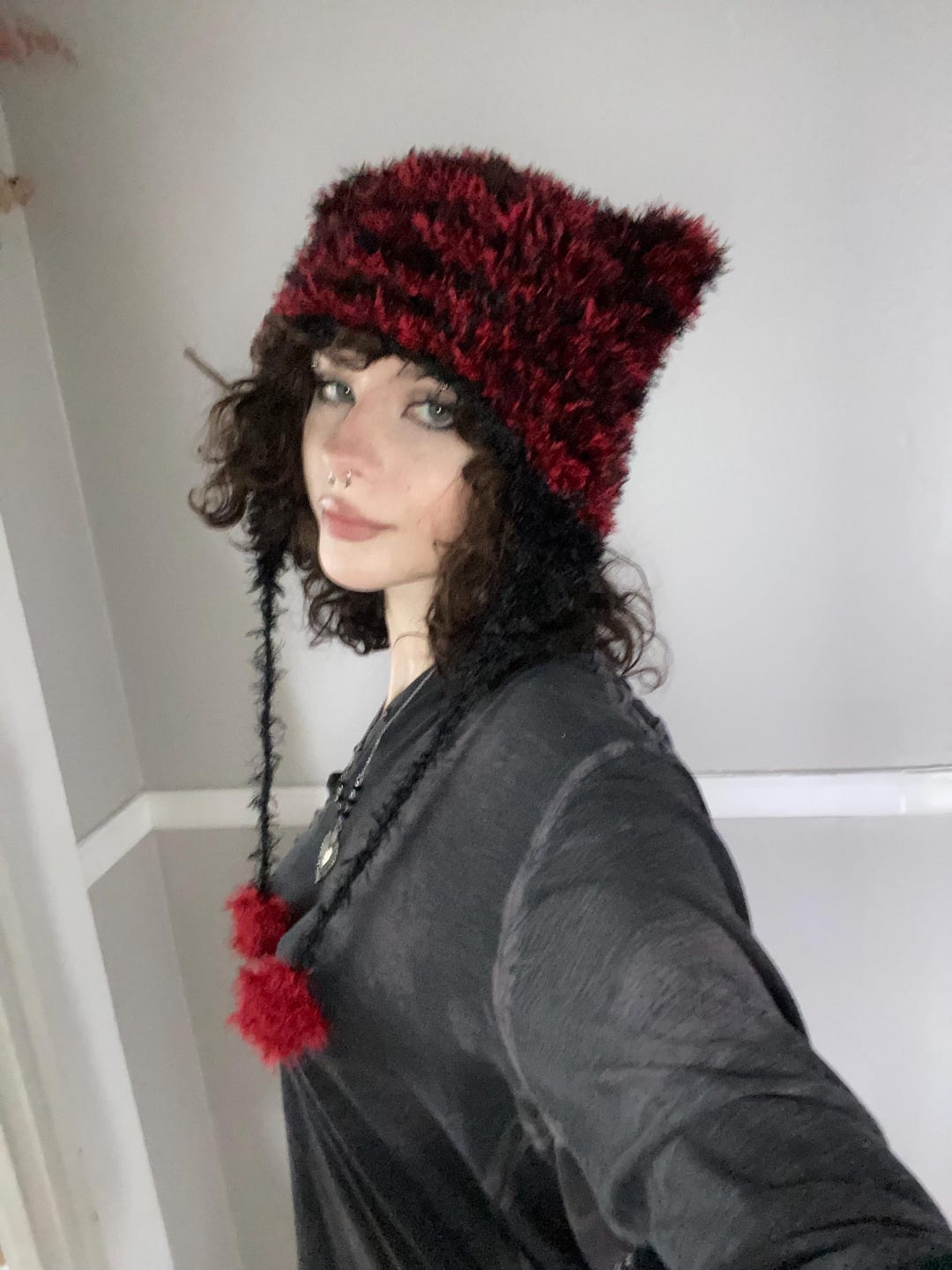 Fluffy Cat Ear Hat Handmade Crocheted Fuzzy Beanie With Earflaps and ...