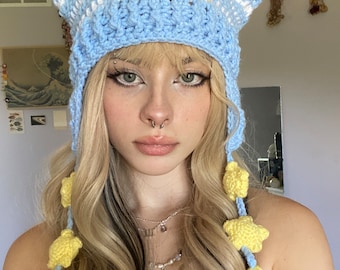 triple star strings cat hat handmade crocheted striped earflaps beanie aesthetic cottagecore indie spring hat