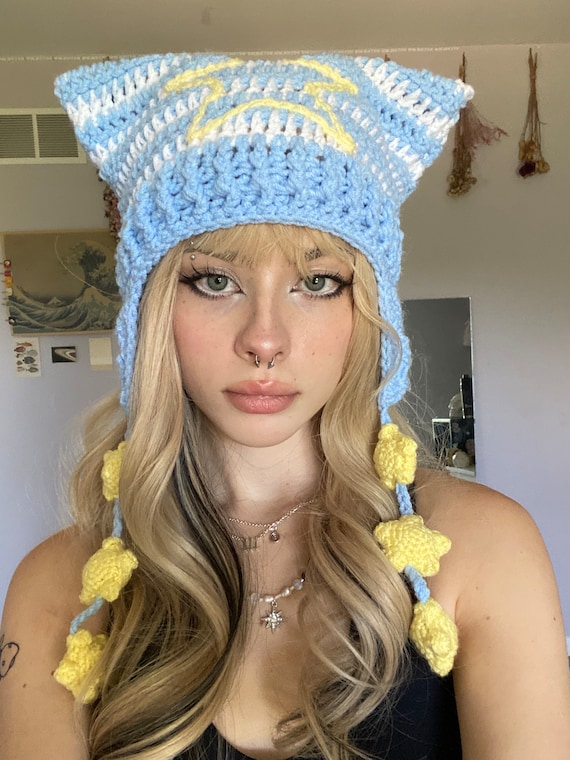 Triple Star Strings Cat Hat Handmade Crocheted Striped Earflaps