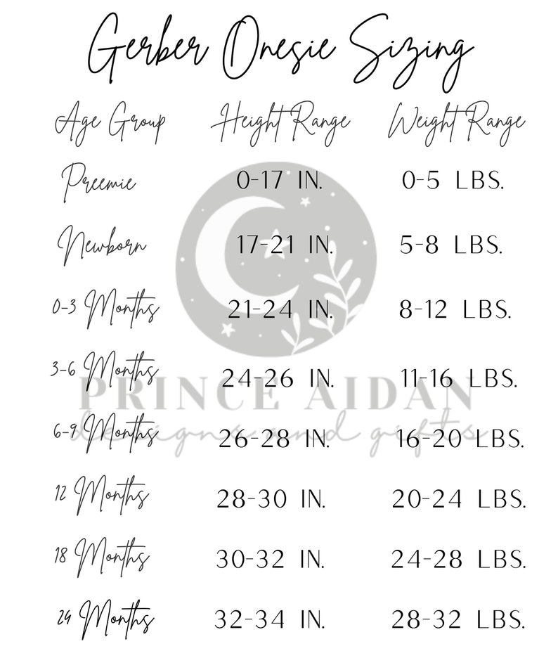 Gerber Onesie Size Chart, Downloadable Baby Size Guide, Infant Bodysuit