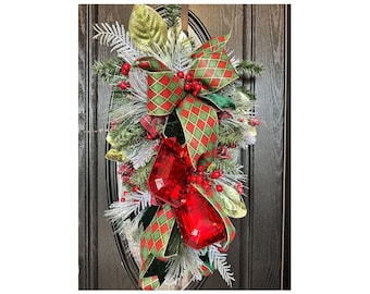 Red Jeweled Christmas Wreath, Front Door Wreath, Christmas Decor, Christmas Mantel Jeweled Swag, Red Jeweled Wreath, Christmas Centerpiece