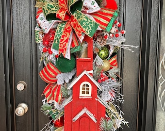 Christmas Church Swag for Front Door, Traditional Christmas Decor, Christian Decor, Red Church Swag, Farmhouse Decor, Rustic Christmas