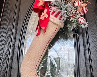 Gingerbread Stocking front Door, Farmhouse Christmas Stocking, Rustic Christmas Stocking, Peppermint lollipops, Christmas Decor, Gingerbread