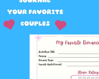 romance reading journal printable favorite book pairings tracker PDF tropes quotes steam rating bookish gift for romance  booktok fans