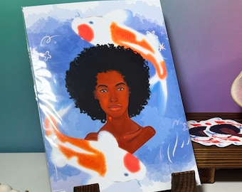 Koi Fish Art Print: Black Woman Portrait, Spiritual Home Decor (5x7)
