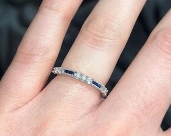 Vintage Retro Cirka 1880-talet Diamant & Safir Vigselring, Vintage Band Halv Evighetsring, Årsdag Alternerande Antik Bröllopsring