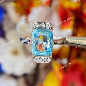1880&#39;s Antique Aquamarine Diamond Ring, Aqua Diamond Engagement Ring In 935 Argentium Silver, 3.50 Ct Aquamarine Gemstone Filigree Ring