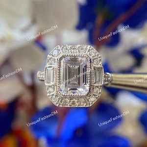 1880er Jahre Art Deco 2.20 Karat Smaragdschliff Diamant Verlobungsring In 935 Argentium Silber Antiker Verlobungsring für Frauen, Nachlass Vintage Ring