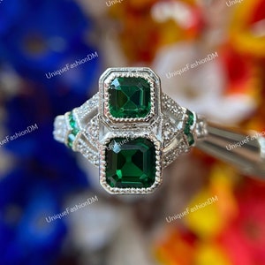 Circa 1880s Estate Vintage 2.54 CT Emerald Engagement Ring In 935 Argentium Silver Edwardian Ring, Art Deco Engagement Ring, Antique Jewelry