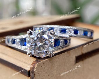 Circa 1880s Era Art Deco Edwardian 2.50 Ct Diamond Antique Bridal Set Vintage Engagement Ring Set In 935 Argentium Silver Retro Bridal Set