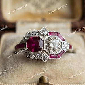 Art Deco verlovingsring uit de jaren 1880 met een oude Europese diamant en robijn van 2 karaat, gezet in 935 Argentium zilver. Antieke verlovingsringen, ringen met twee stenen.
