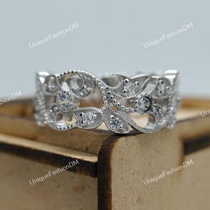 1880&#39;s Vintage Art Deco Wedding Band Antique Stacking Band Ring Antique Filigree Diamond Band Moissanite Engagement Ring Anniversary Gifts