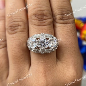 Circa 1880s Vintage Art Deco Engagement Ring, 3 Cts Diamond Antique Engagement Ring In 935 Argentium Silver Edwardian Ring, Three Stone Ring