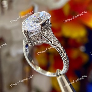 Anel de noivado com diamante lapidado em formato de pêra de 5,00 ct da década de 1880 em prata 935 Argentium, anel de propriedade, joias Art Déco, anéis de noivado antigos