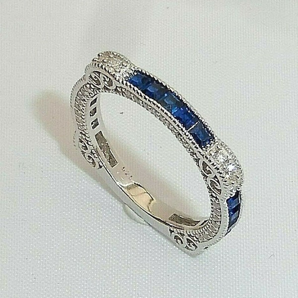 Antique Retro Circa 1880's Art Deco Diamond & Sapphire Wedding Band Engagement Ring 935 Argentium Silver Stackable Band Vintage Diamond Band