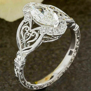 1880s Art Deco Vintage Engagement Ring 1.50 Ct Marquise Diamond Engagement Ring 935 Argentium Silver Wedding Ring Antique Edwardian Ring image 2