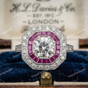 1880s Vintage Art Deco 2 Ct Round Cut Diamond & Ruby Engagement Ring In 935 Argentium Silver, Antique Rings, Estate Rings, Target Halo Ring