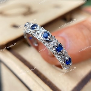 Vintage Retro Circa 1880&#39;s Art Deco Sapphire & Diamond Wedding Band In 935 Argentium Silver Art Deco Stackable Band Vintage Diamond Band