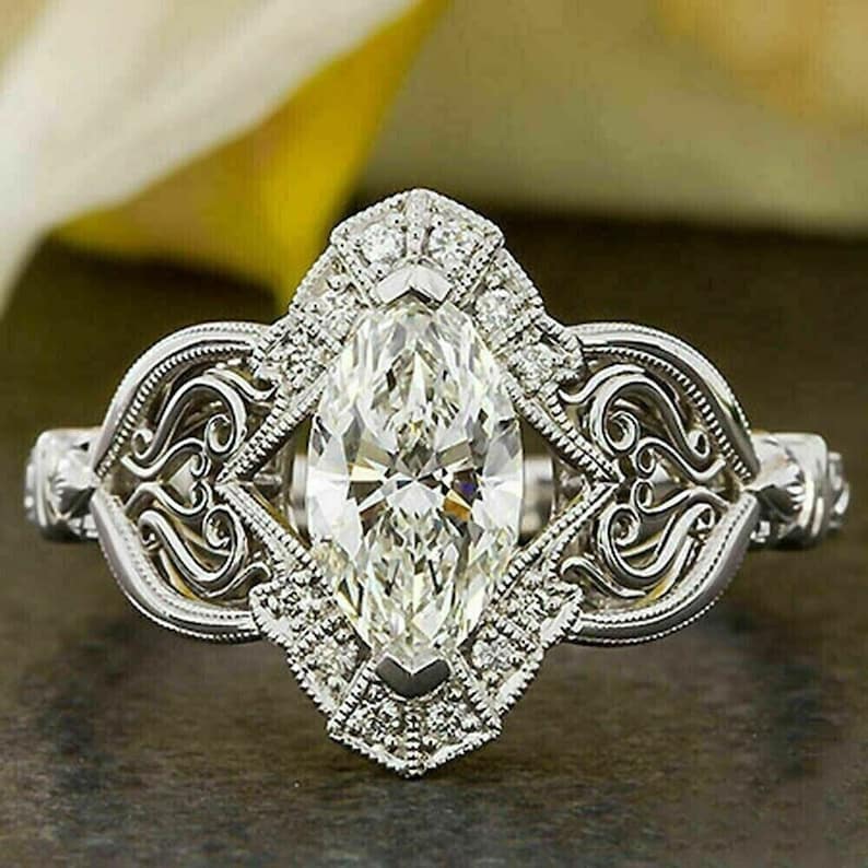 1880s Art Deco Vintage Engagement Ring 1.50 Ct Marquise Diamond Engagement Ring 935 Argentium Silver Wedding Ring Antique Edwardian Ring image 1
