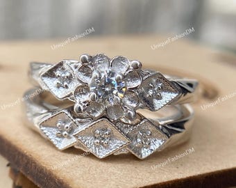 1880s Art Deco Edwardian 1.50 Cts Round Cut Diamond Art Deco Bridal Set Vintage Engagement Ring Set In 935 Argentium Silver Retro Bridal Set