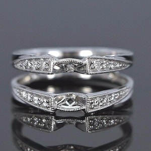 1880s Vintage Round Cut Moissanite Matching Guard For Any Ring, Antique Wedding Wrap Band In 935 Argentium Silver Diamond Ring Enhancer