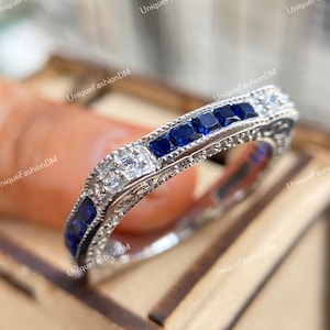 Vintage Circa 1880&#39;s Art Deco Diamond & Sapphire Wedding Band Art Deco Band, Stackable Band, Moissanite Band, Antique Diamond Band For Women