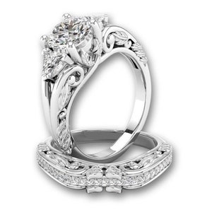1880s Antique Edwardian 2.00 Ct Round Cut Diamond Art Deco Bridal Set Vintage Engagement Ring Set In 935 Argentium Silver Vintage Bridal Set