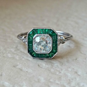 Circa 1880s Early Target Halo Vintage Engagement Ring, 2.10 Ct Old European Diamond & Emerald Art Deco Jewelry Ring 935 Argentium Silver