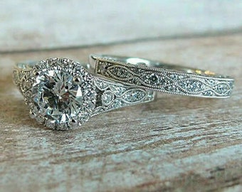 Antique Edwardian 2.00 Ct Round Cut Diamond Art Deco Bridal Set Vintage Engagement Ring Set In 935 Argentium Silver Vintage Retro Bridal Set