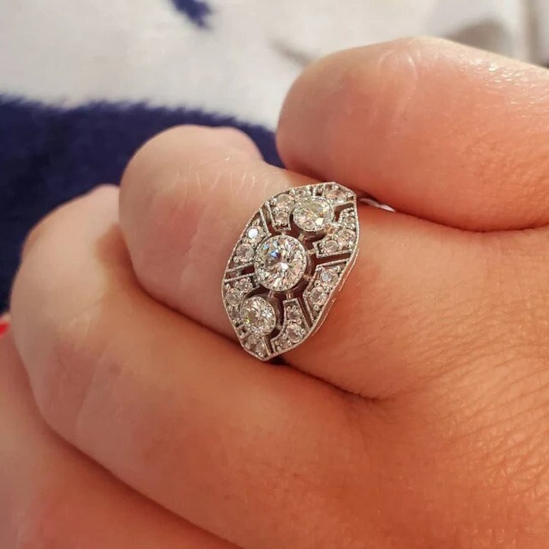1880's Vintage Art Deco Ring, 1 Ct Round Cut Diamond Engagement Ring in ...