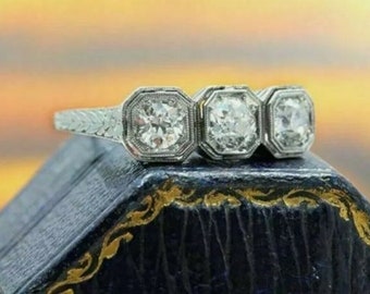 1880's Antique Three Stone Round Moissanit Verlobungsring, Art Deco Vintage Filigran Ring, 935 Argentium Silber Alter Diamant Ring