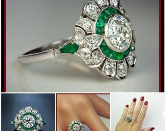 Circa 1880s Early Target Halo Vintage Engagement Ring, 2.70 Cts Old European Diamond & Emerald Art Deco Jewelry Ring In 935 Argentium Silver