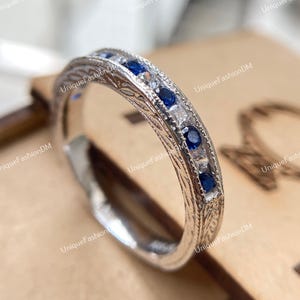 Vintage Filigree Circa 1880&#39;s Era Art Deco Diamond & Sapphire Wedding Band Art Deco Band Stackable Band Moissanite Band Antique Diamond Band